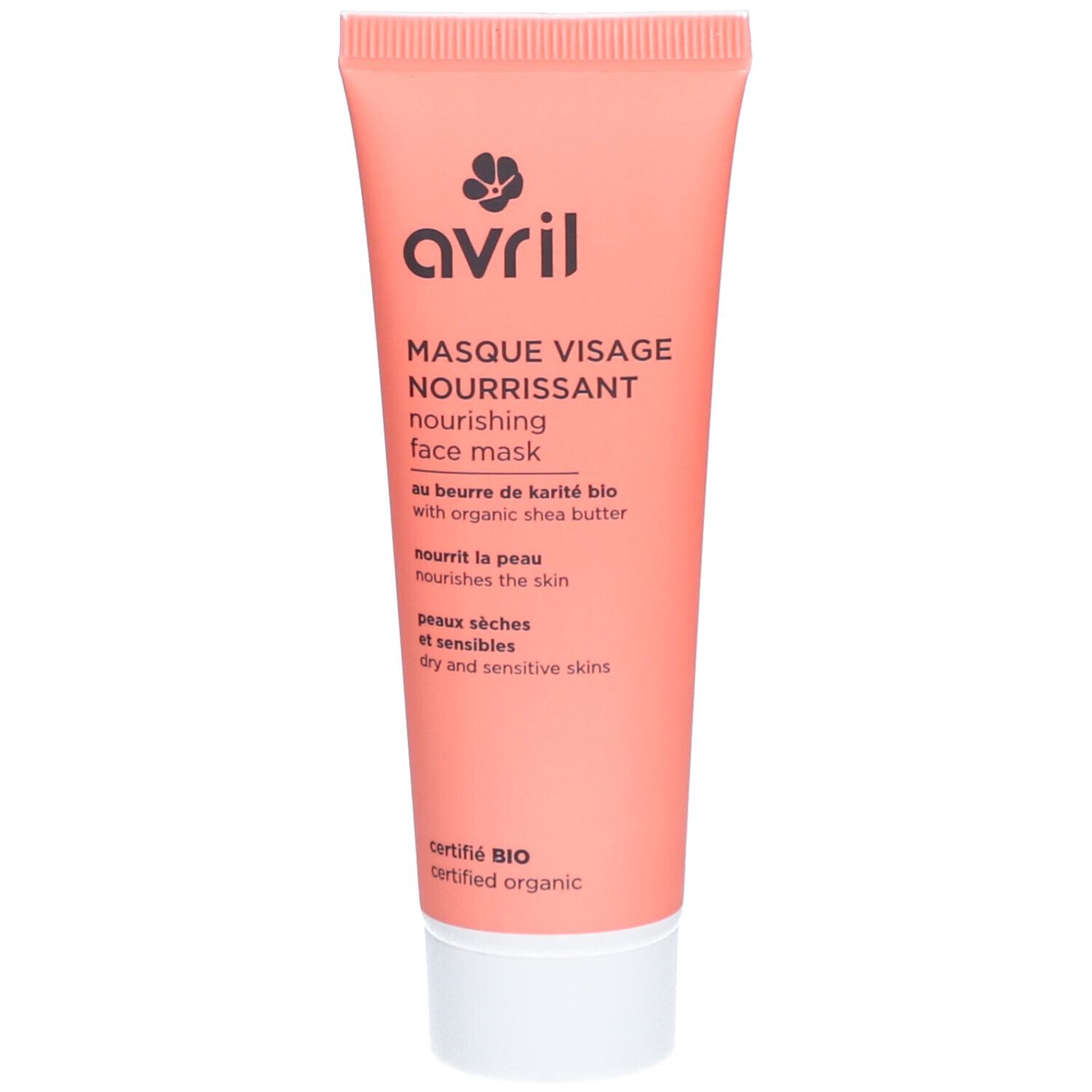 Roze tube met witte dop. Opschrift: avril, Masque Visage Nourrissant, gecertificeerd BIO.