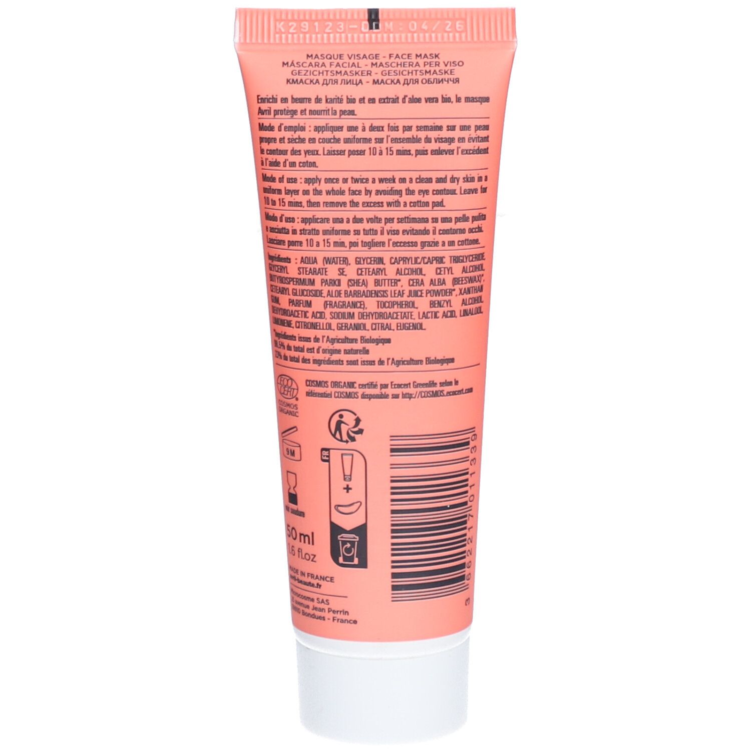 Achterkant van de tube. Tekst met ingrediënten en gebruiksaanwijzing. Onderaan: 50ml.