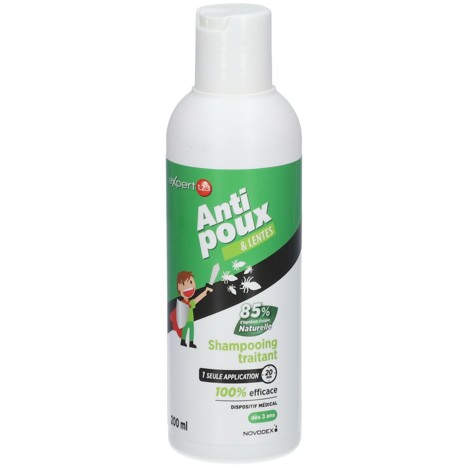 Flacon blanc, étiquette verte. Texte: Anti-poux & lentes, Shampooing traitant. 85% Naturelle, 100% efficace. Novodex.