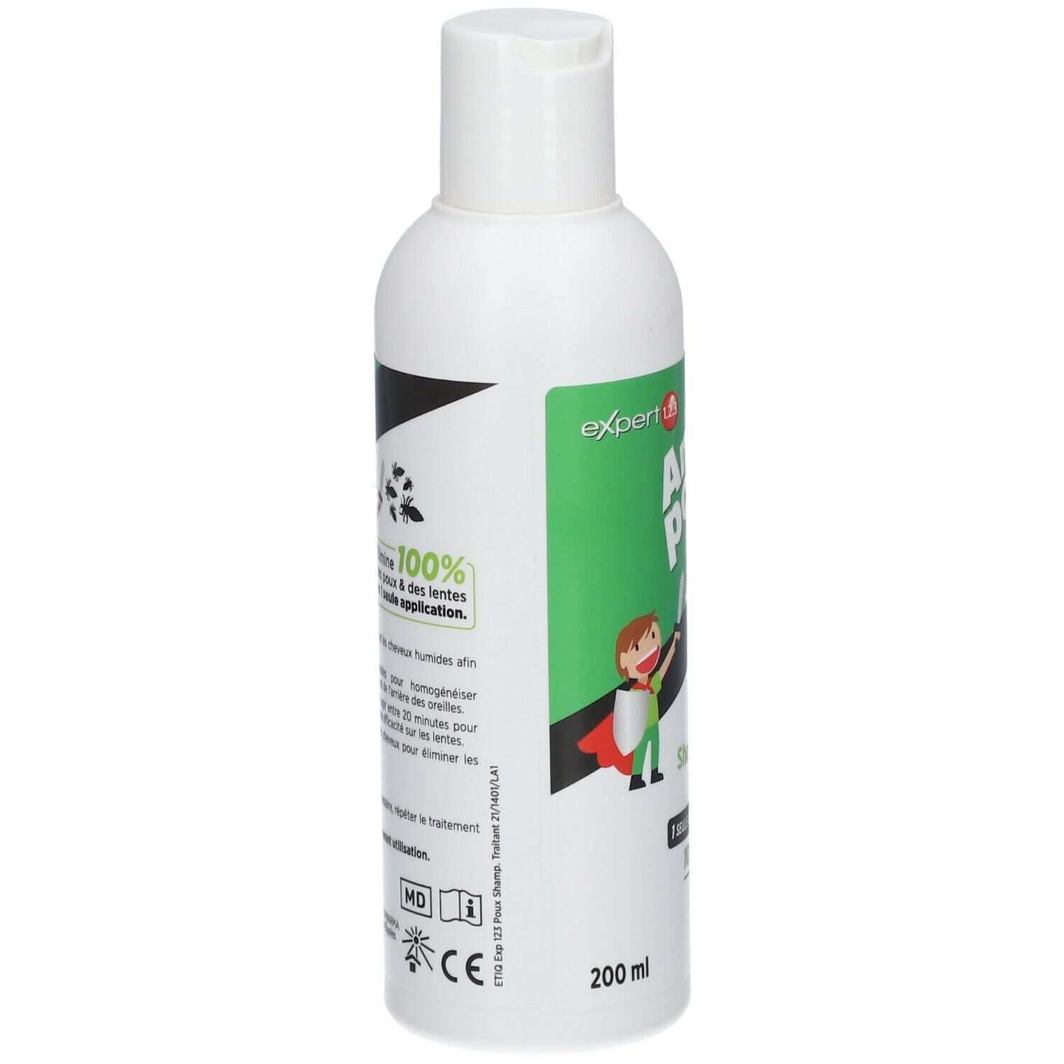 Flacon blanc, étiquette verte. Texte: Anti-poux & lentes, Shampooing traitant. 85% Naturelle, 100% efficace. Novodex.