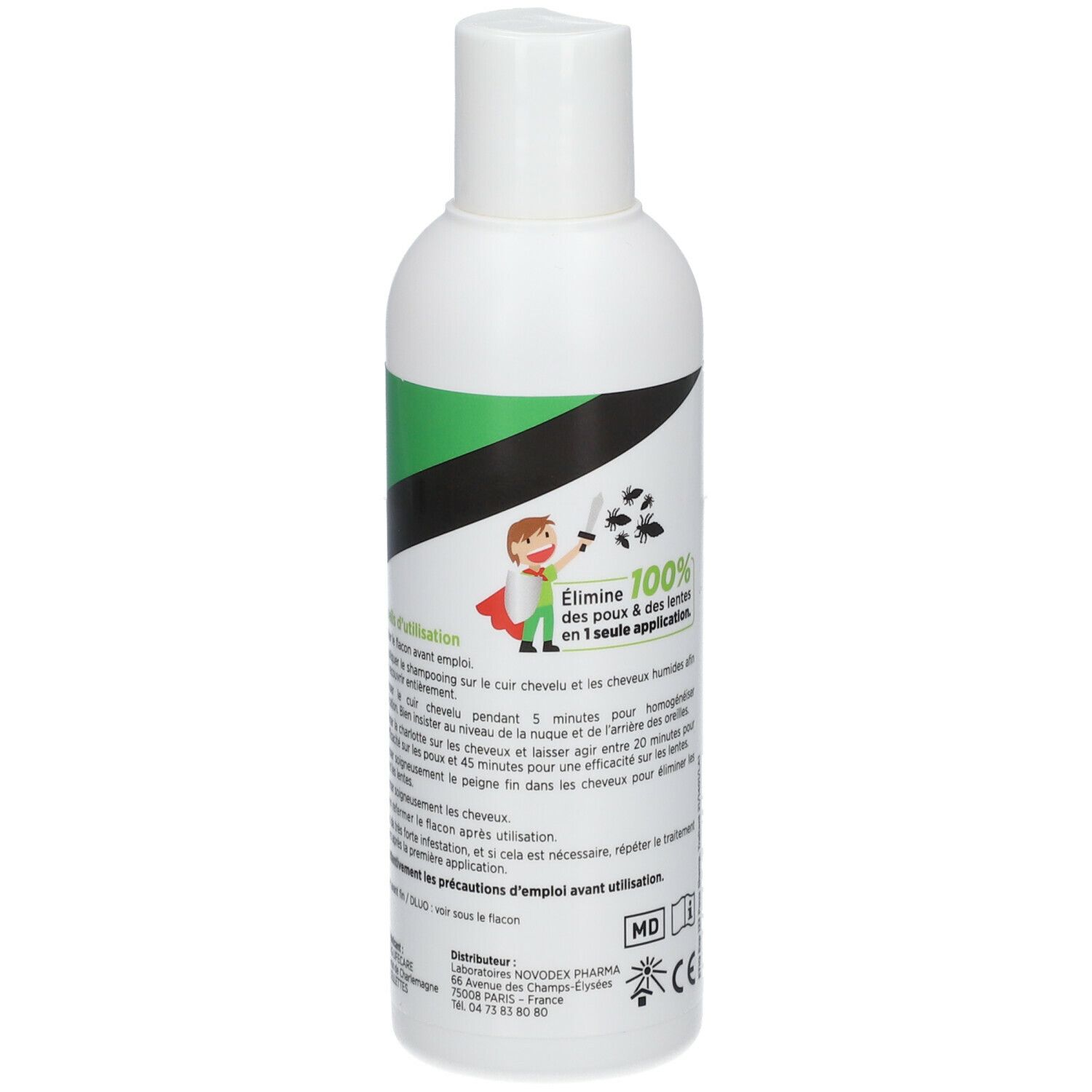 Flacon blanc, étiquette verte. Texte: Anti-poux & lentes, Shampooing traitant. 85% Naturelle, 100% efficace. Novodex.