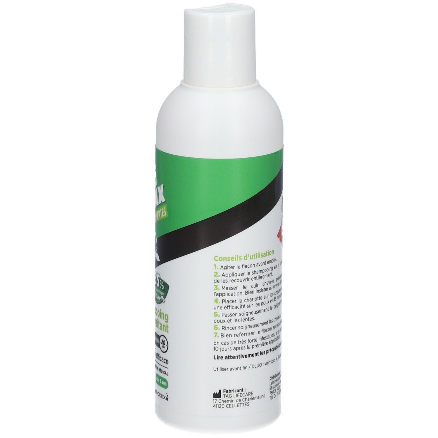 Flacon blanc, étiquette verte. Texte: Anti-poux & lentes, Shampooing traitant. 85% Naturelle, 100% efficace. Novodex.