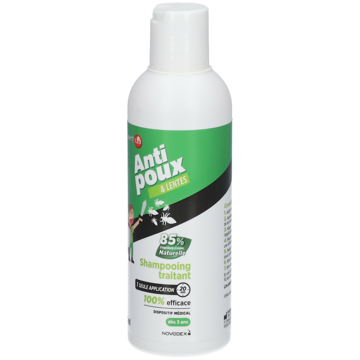 Flacon blanc, étiquette verte. Texte: Anti-poux & lentes, Shampooing traitant. 85% Naturelle, 100% efficace. Novodex.