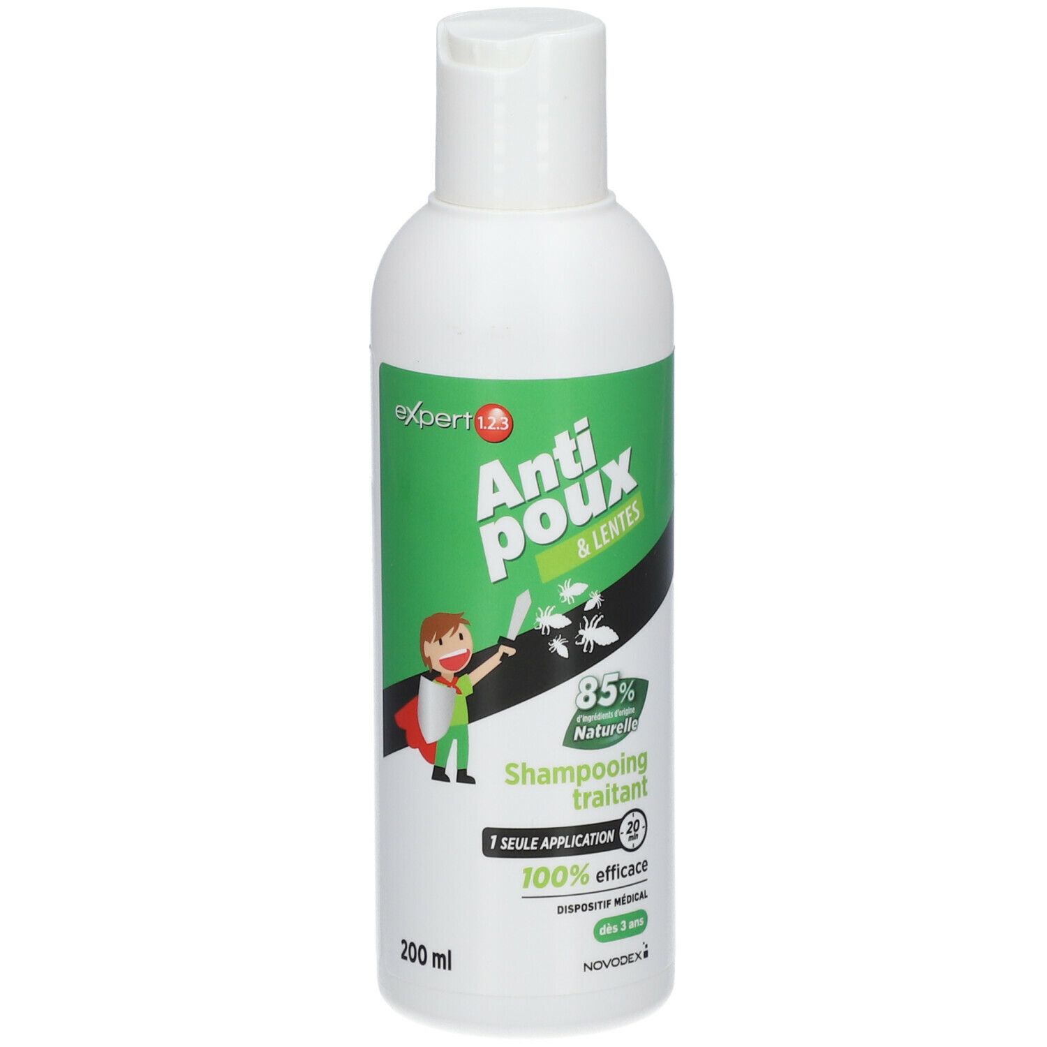 Flacon blanc, étiquette verte. Texte: Anti-poux & lentes, Shampooing traitant. 85% Naturelle, 100% efficace. Novodex.