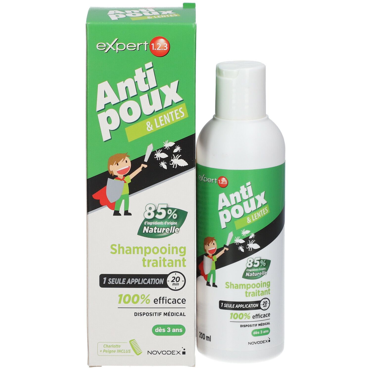 Emballage produit avec flacon et carton. Texte: Expert 1.2.3, Anti-poux & lentes, Shampooing traitant. Novodex.