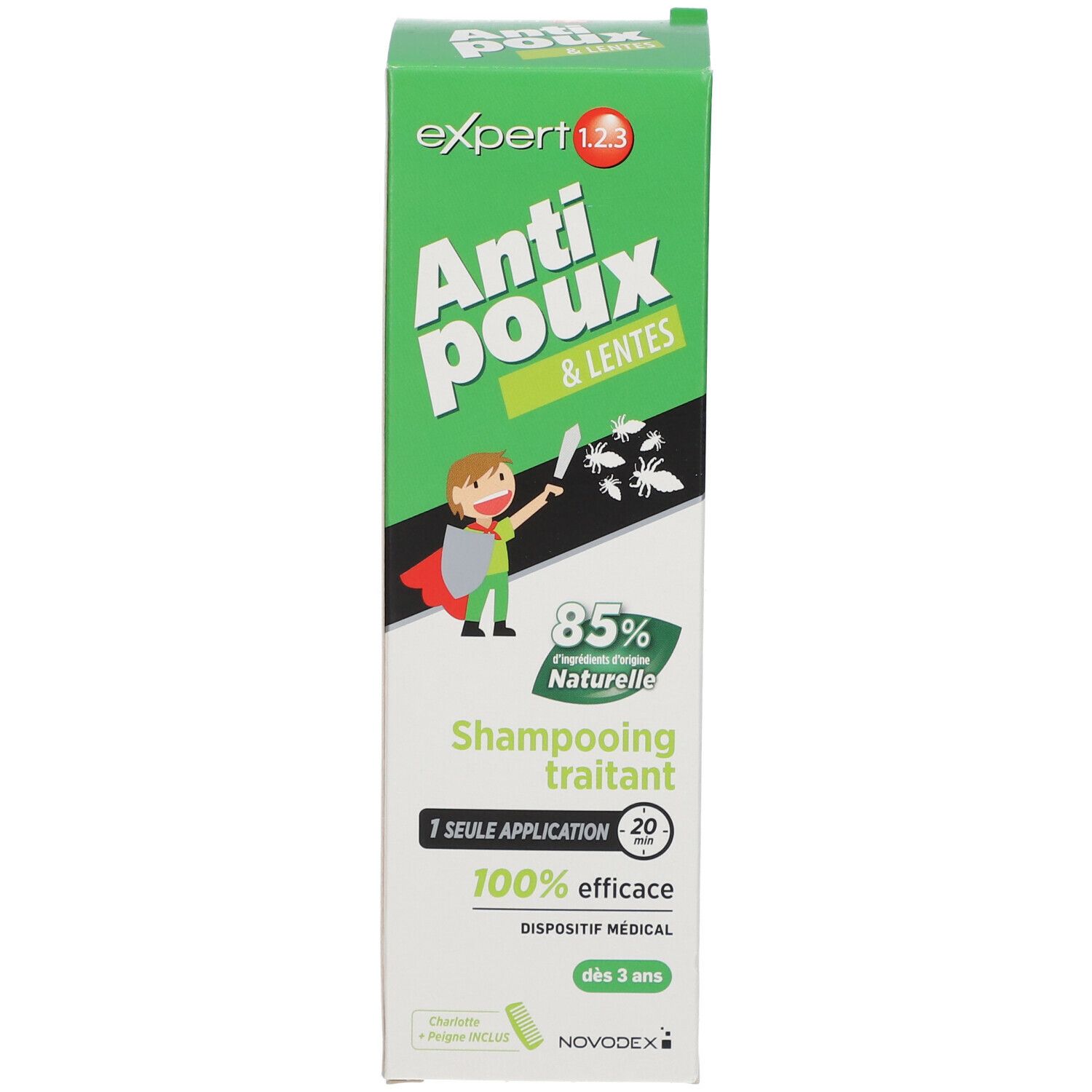 Emballage produit. Texte: Expert 1.2.3, Anti-poux & lentes, Shampooing traitant. 85% Naturelle, 100% efficace. Novodex.