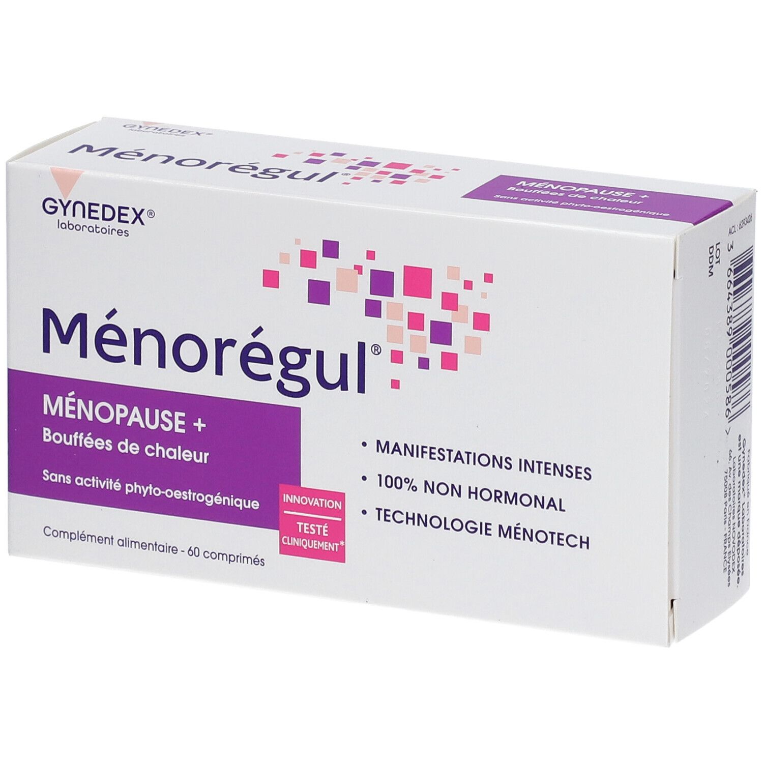 Boîte de Ménorégul, logo et nom. Accents violets. Texte: Ménopause+, Bouffées de chaleur, 60 comprimés. 100% non hormonal.