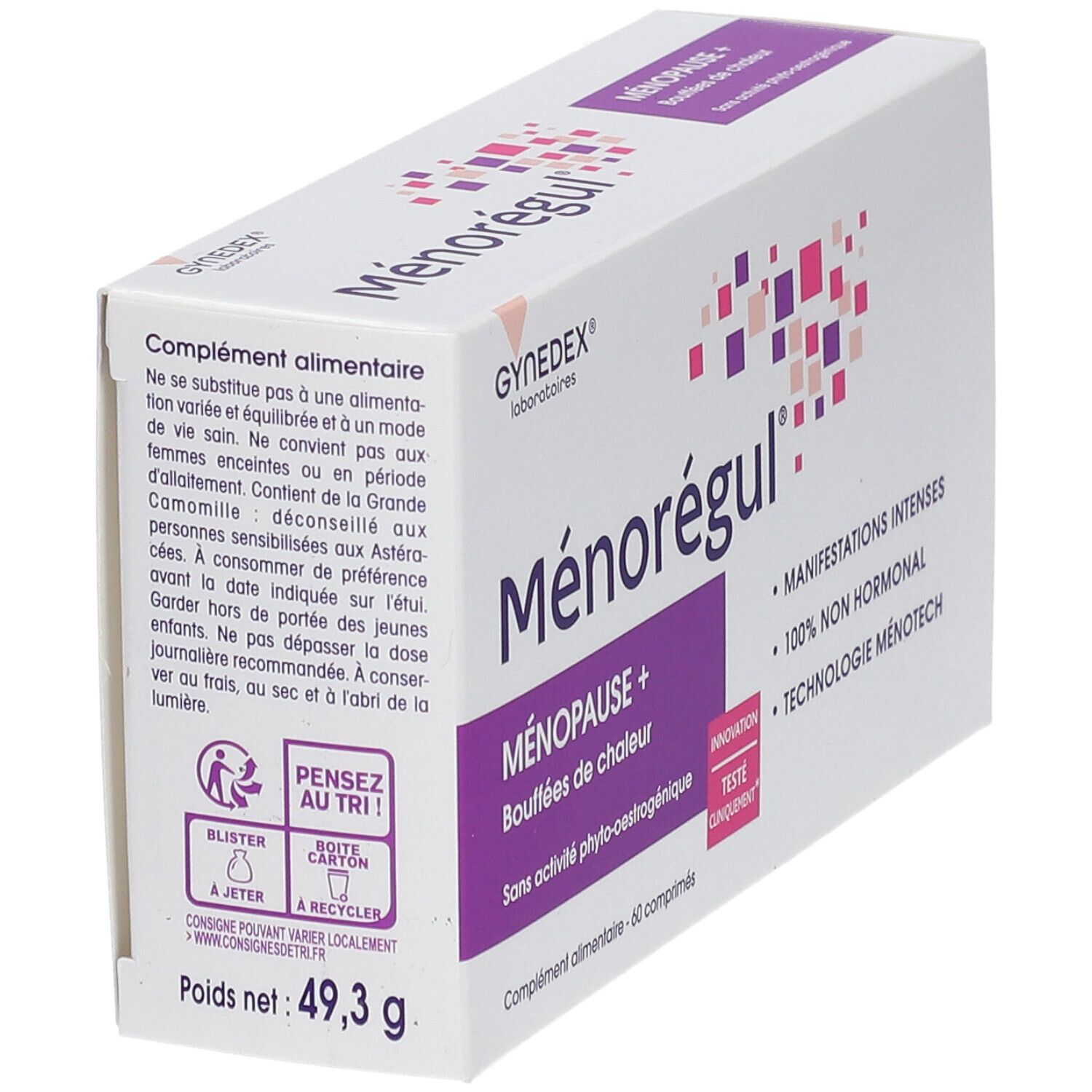 Boîte de Ménorégul, logo et nom. Accents violets. Texte: Ménopause+, Bouffées de chaleur, 60 comprimés. Symboles de recyclage.