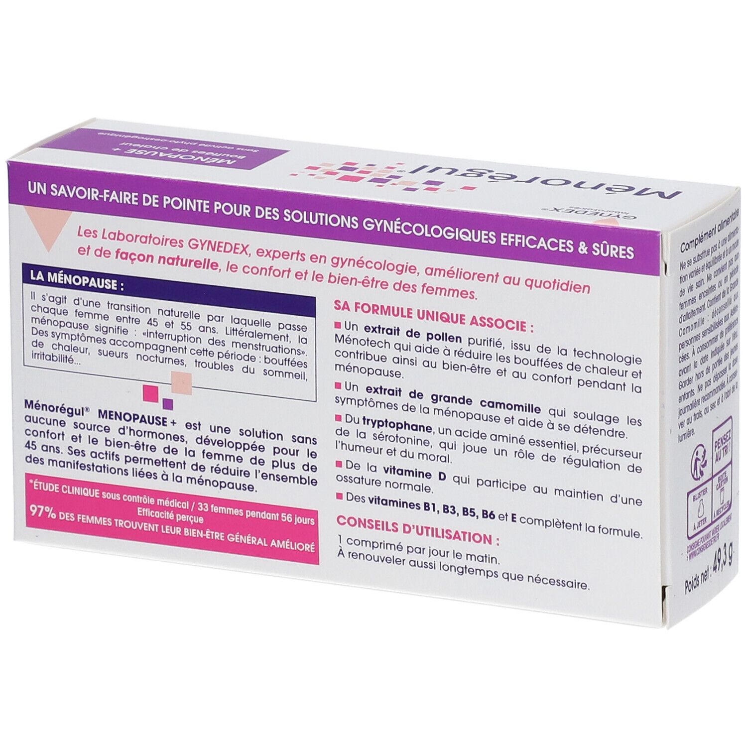 Dos de la boîte. Texte: Ménorégul, informations sur l'utilisation et les ingrédients. Texte en français.