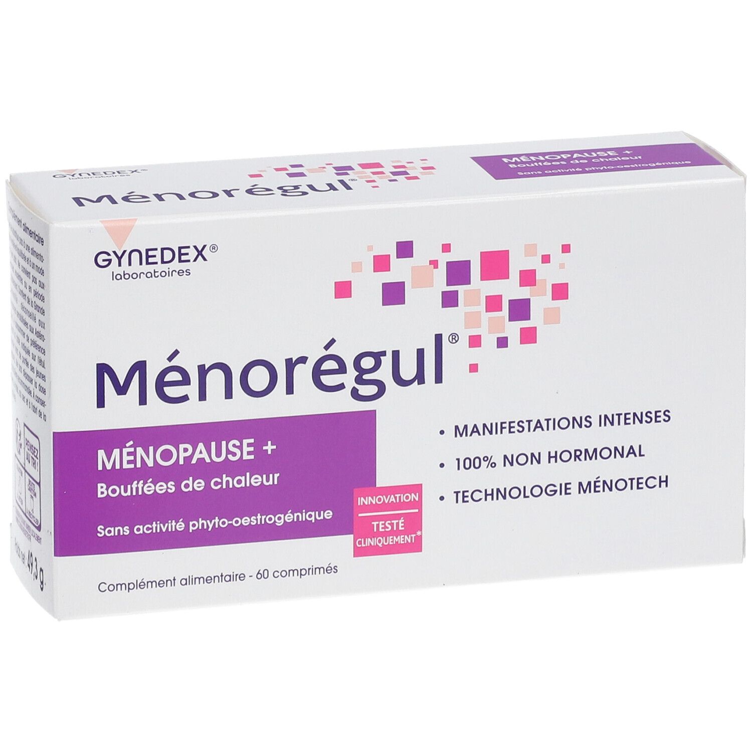 Boîte de Ménorégul, logo et nom. Accents violets. Texte: Ménopause+, Bouffées de chaleur, 60 comprimés. 100% non hormonal.