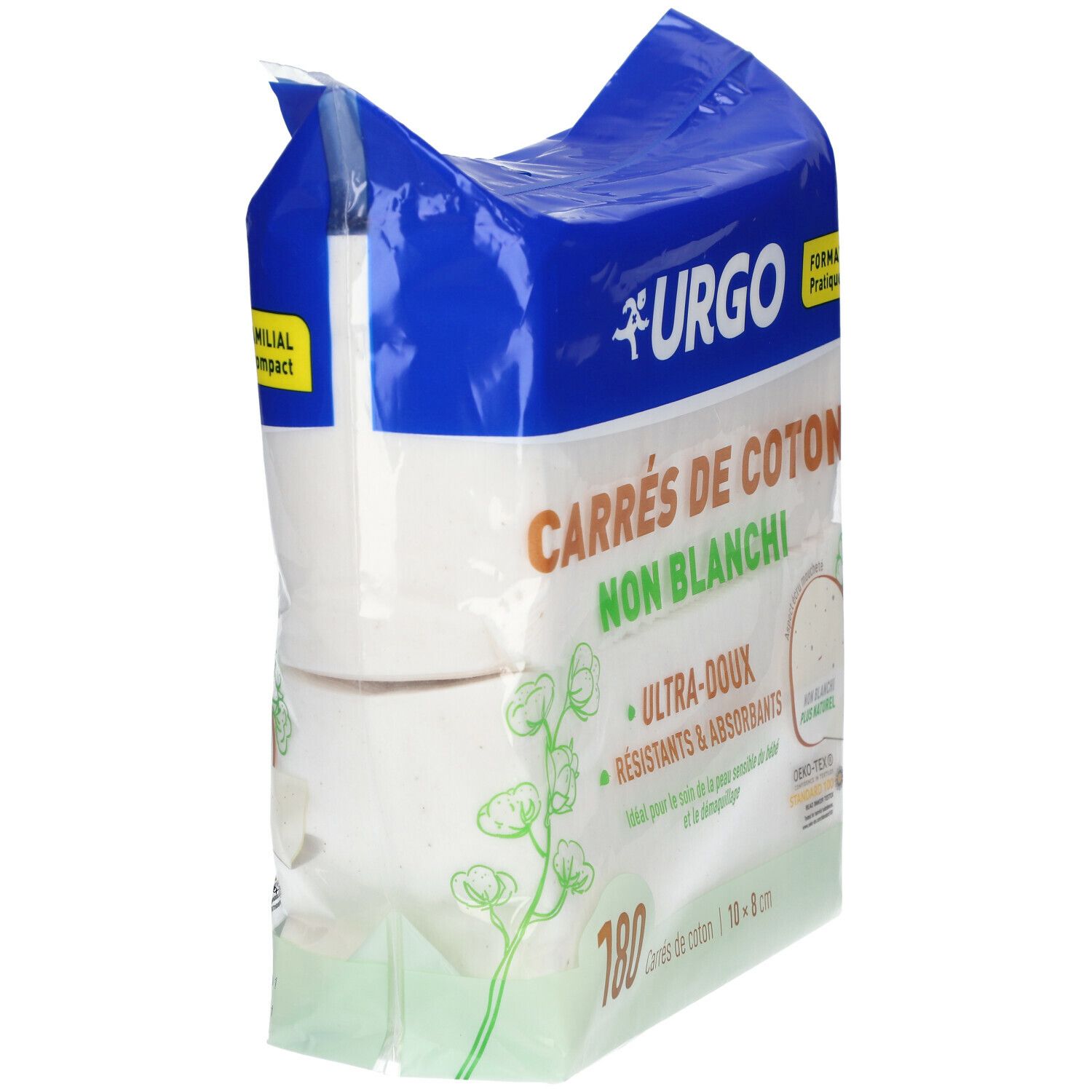 Paquet de carrés de coton URGO, 180 unités, 10 x 8 cm. Non blanchis, ultra-doux, résistants et absorbants. Certification Oeko-Tex.
