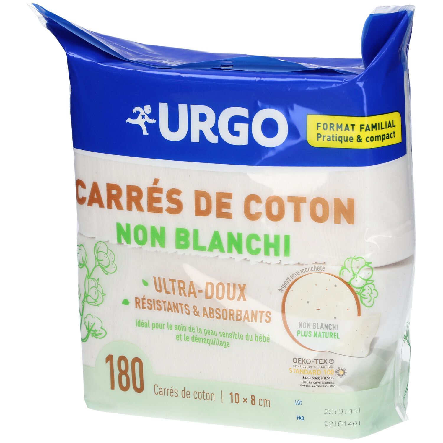 Paquet de carrés de coton URGO, 180 unités, 10 x 8 cm. Non blanchis, ultra-doux, résistants et absorbants. Certification Oeko-Tex.