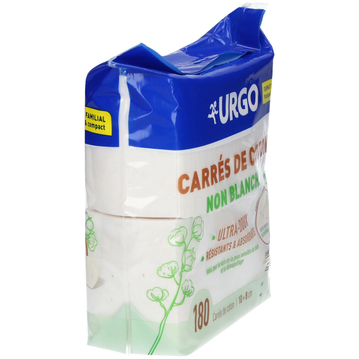 Paquet de carrés de coton URGO, 180 unités, 10 x 8 cm. Non blanchis, ultra-doux, résistants et absorbants. Certification Oeko-Tex.