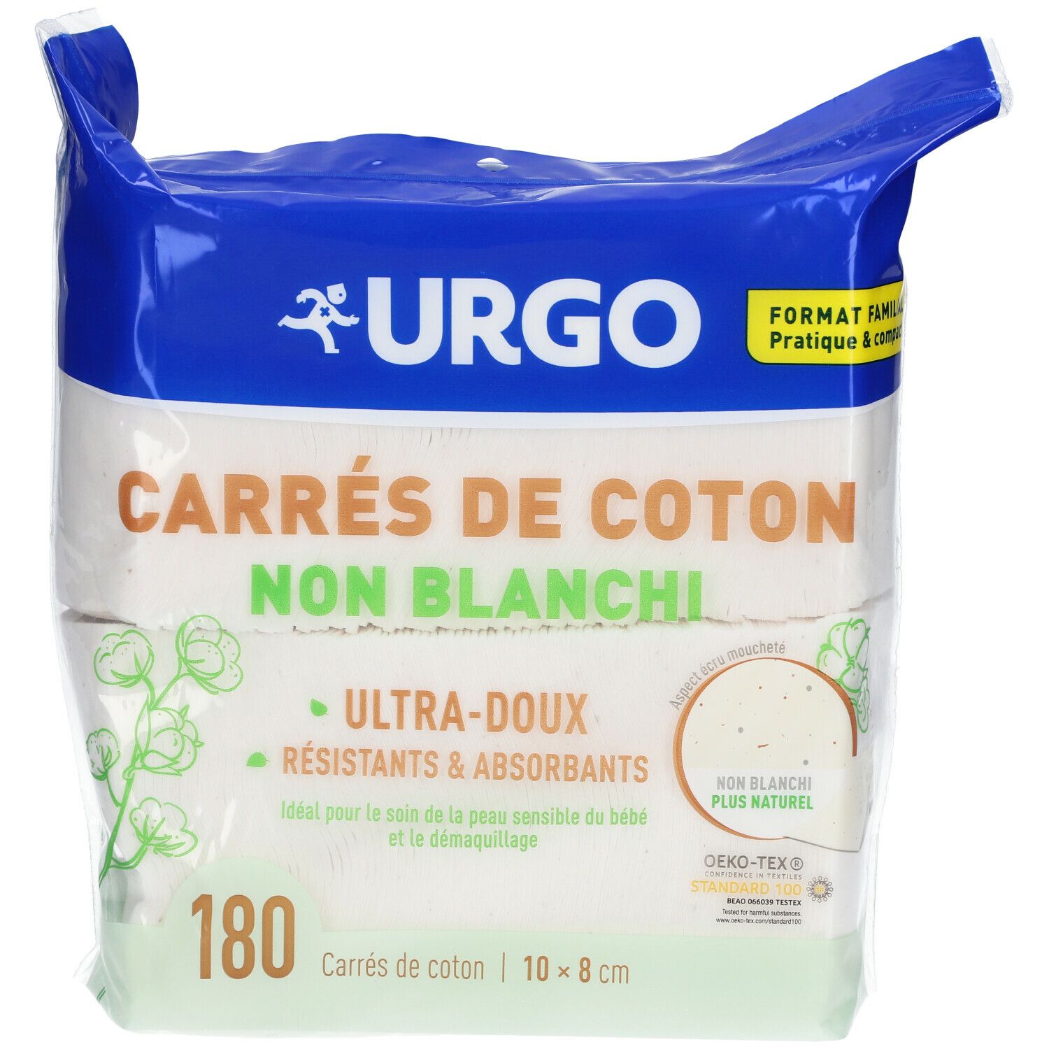 Paquet de carrés de coton URGO, 180 unités, 10 x 8 cm. Non blanchis, ultra-doux, résistants et absorbants. Certification Oeko-Tex.