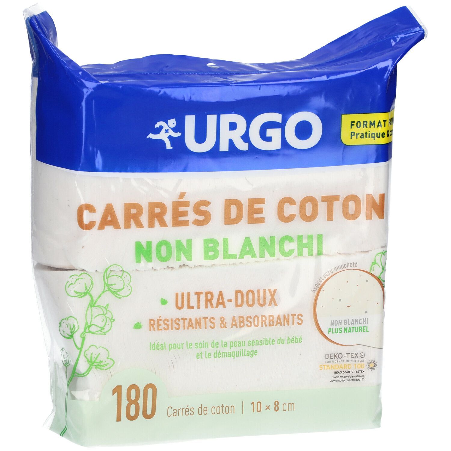 Paquet de carrés de coton URGO, 180 unités, 10 x 8 cm. Non blanchis, ultra-doux, résistants et absorbants. Certification Oeko-Tex.