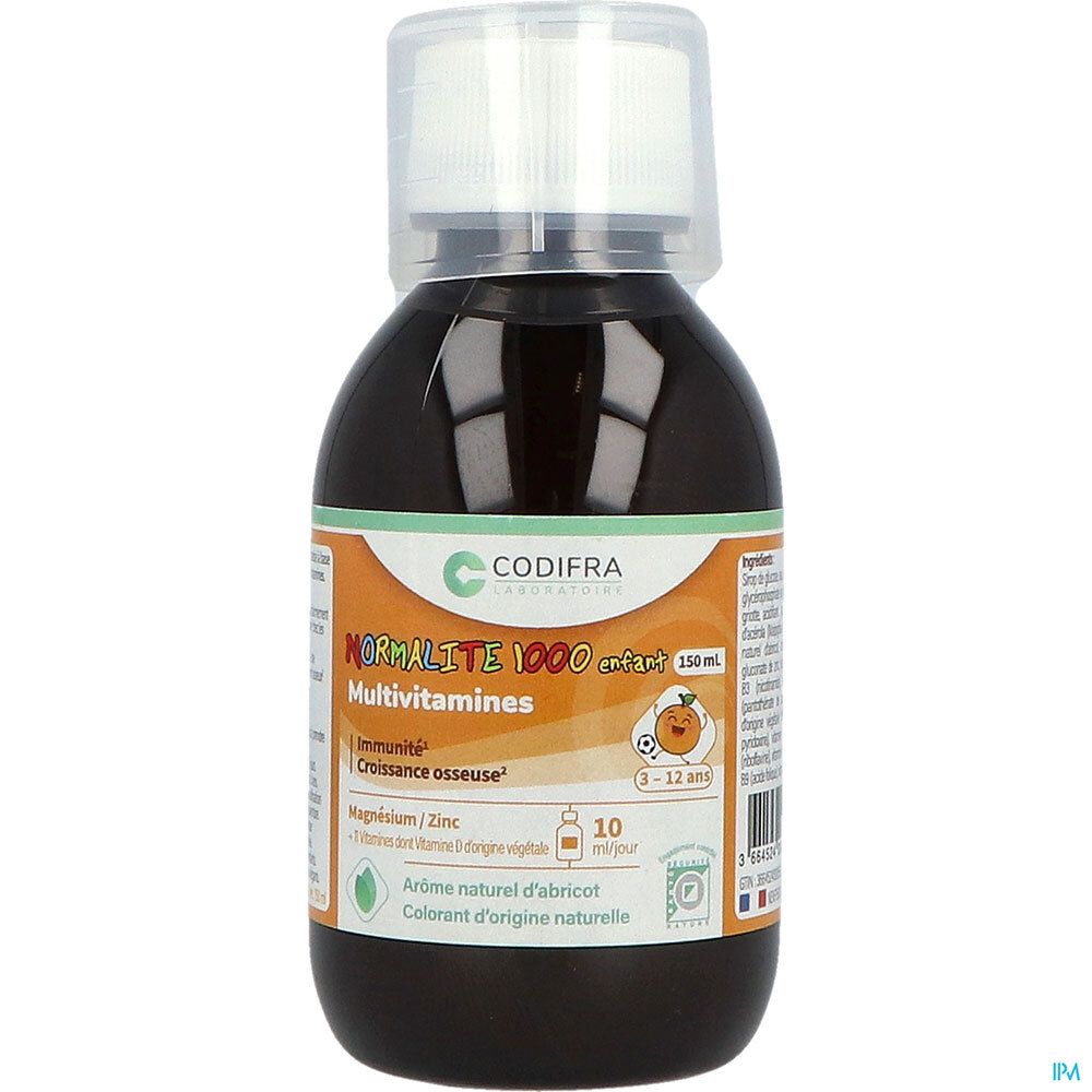 Flacon marron avec bouchon blanc. Étiquette avec nom du produit et logo. Étiquette orange avec texte et illustrations.