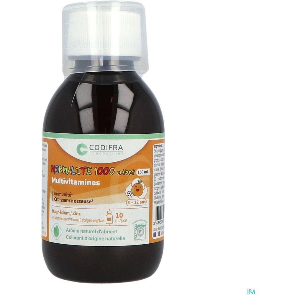 Flacon marron avec bouchon blanc. Étiquette avec nom du produit et logo. Étiquette orange avec texte et illustrations.