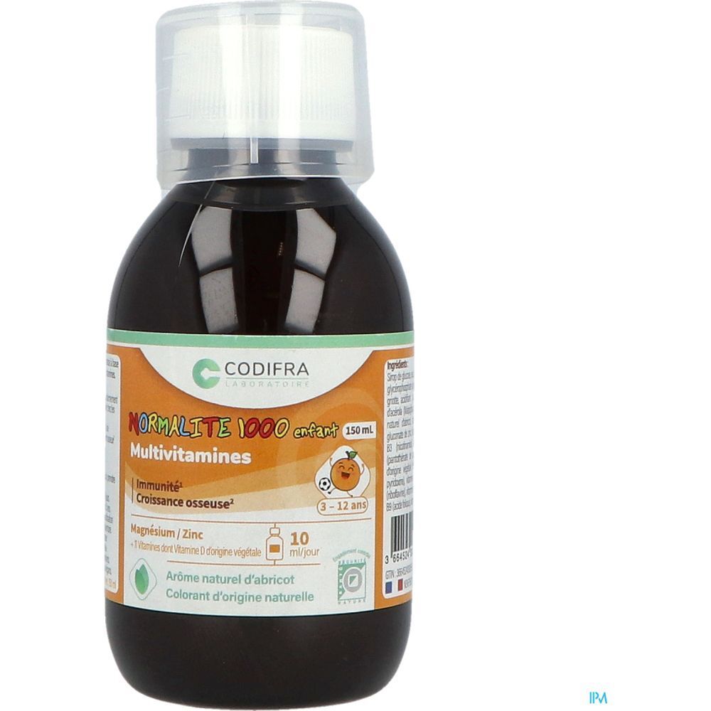 Flacon marron avec bouchon blanc. Étiquette avec nom du produit et logo. Étiquette orange avec texte et illustrations.