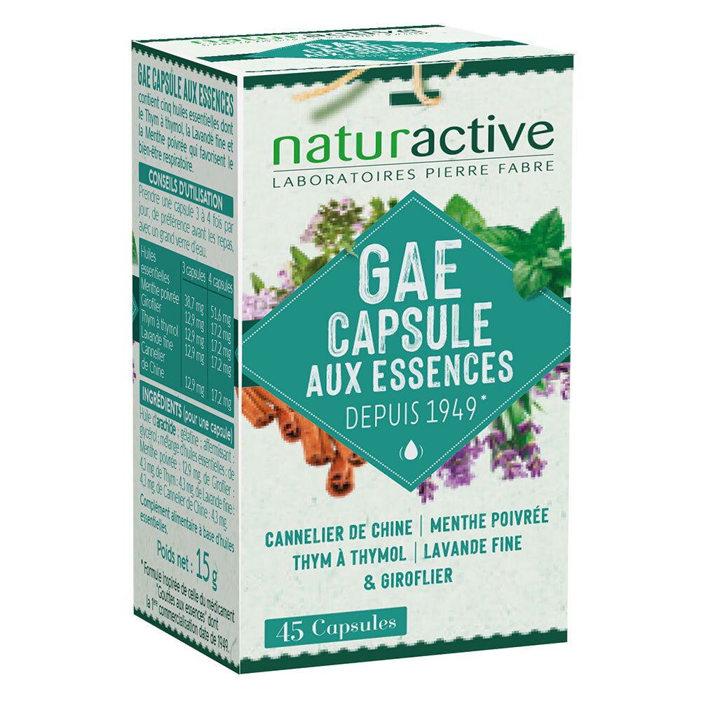 Emballage du produit avec nom et ingrédients. Marque : naturactive. 45 capsules.