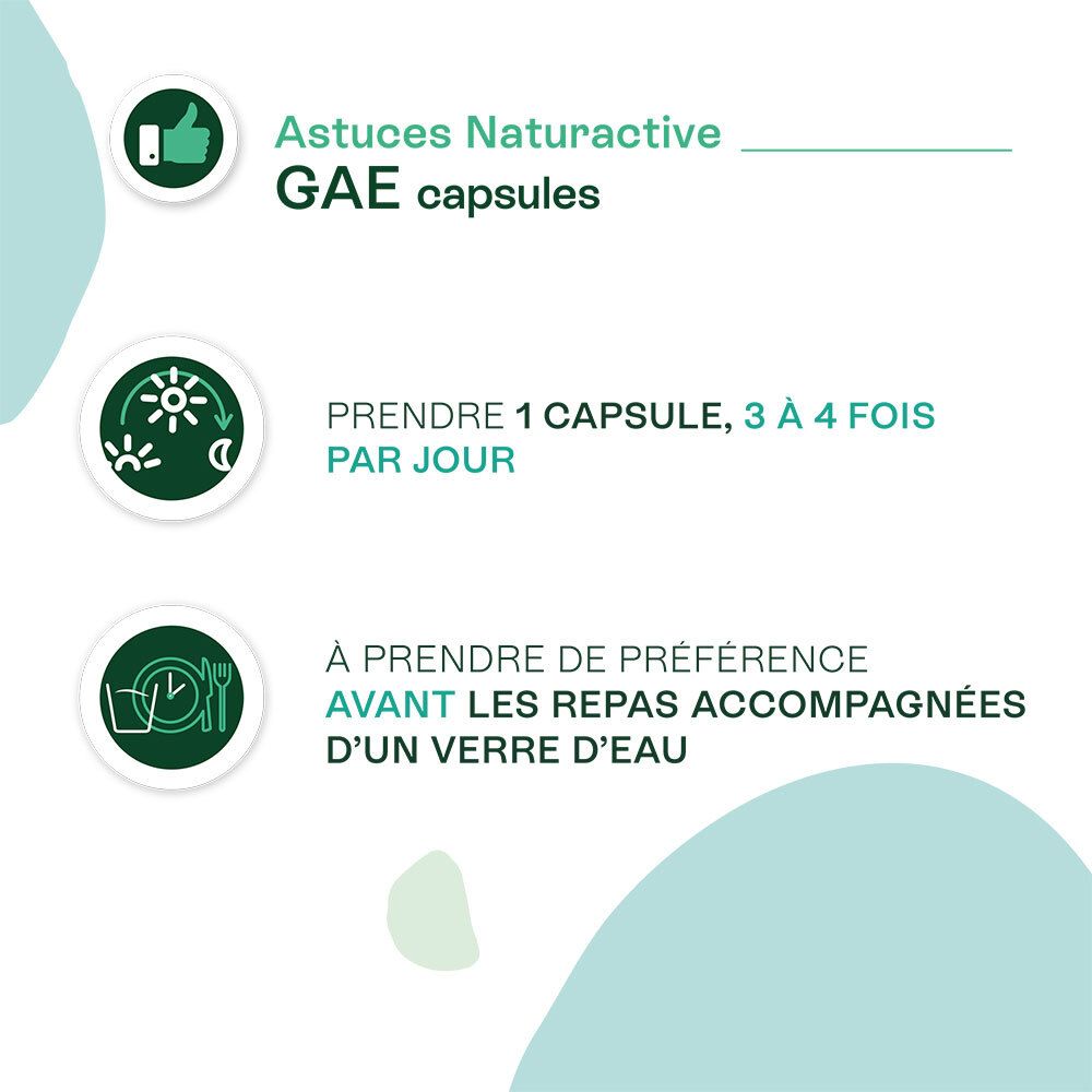 Instructions pour la prise de capsules. 1 capsule, 3 à 4 fois par jour, avant les repas avec de l'eau.