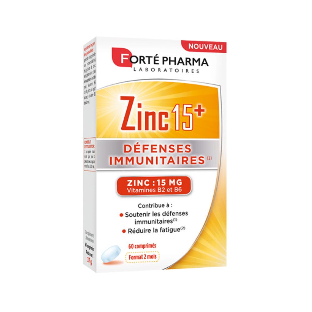 Boîte de complément alimentaire Zinc 15+ Défenses Immunitaires. Contient 60 comprimés. Ingrédients et informations nutritionnelles.