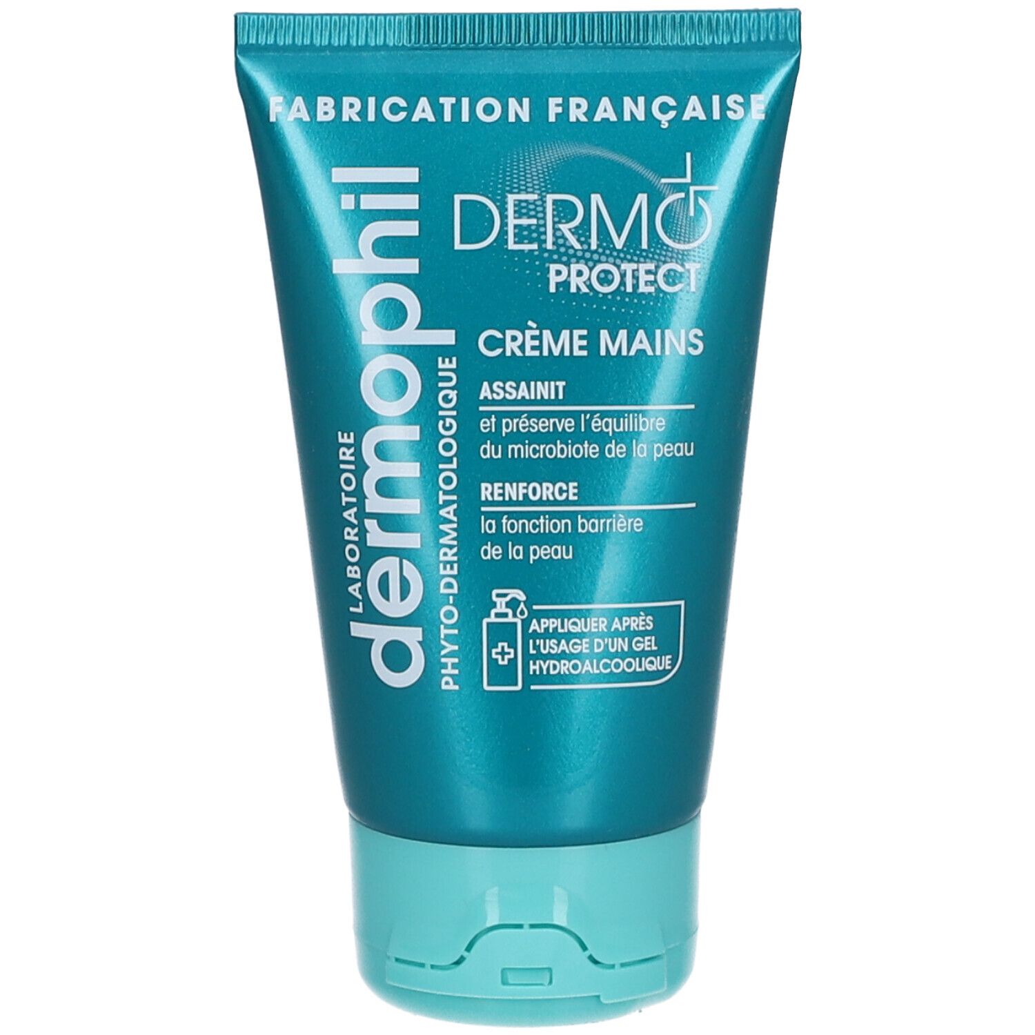 Turquoise tube met witte tekst. Opschrift: Dermophil, Crème Mains Dermo Protect. Franse fabricage.