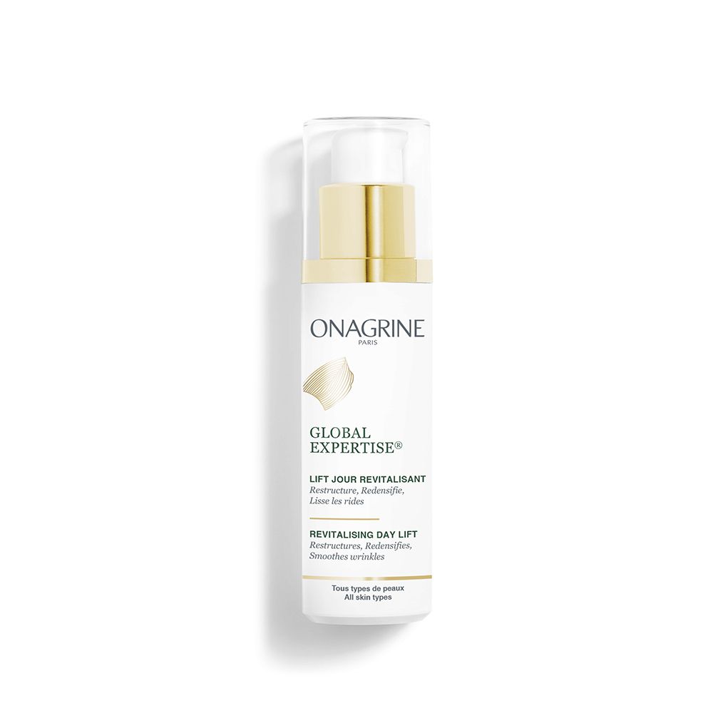 Flacon blanc avec bouchon doré et fermeture transparente. Inscription : Onagrine, Global Expertise, Lift Jour Revitalisant.