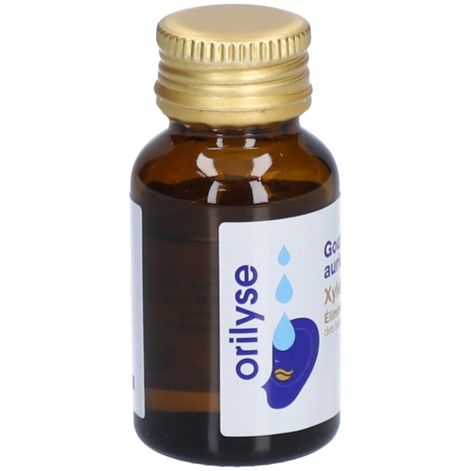 Flacon brun avec bouchon doré. Étiquette: orilyse, Gouttes auriculaires Xylène 5%. Élimination bouchons de cérumen.