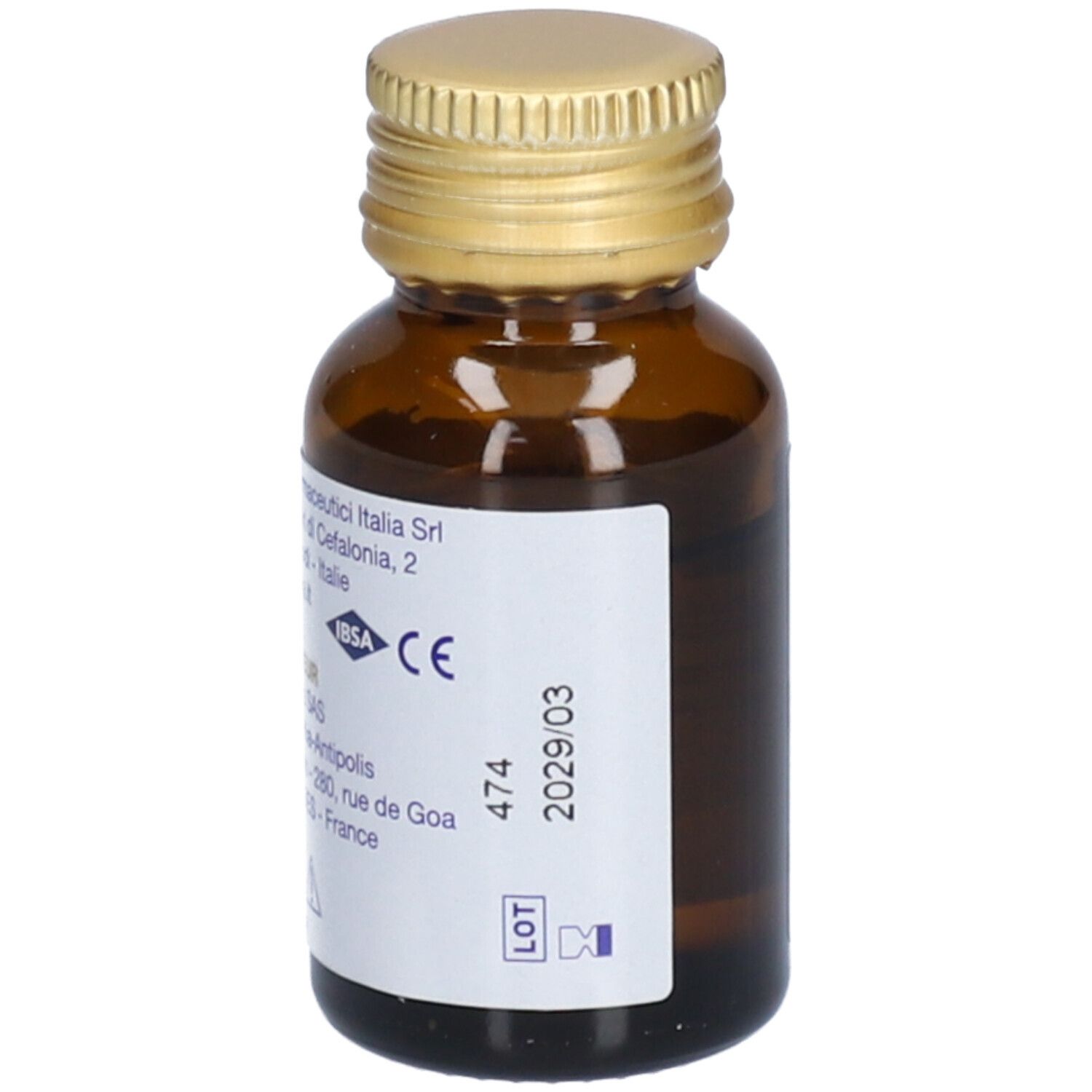 Flacon brun avec bouchon doré. Étiquette arrière: IBISA Farmaceutici Italia Srl, marquage CE, numéro de lot.