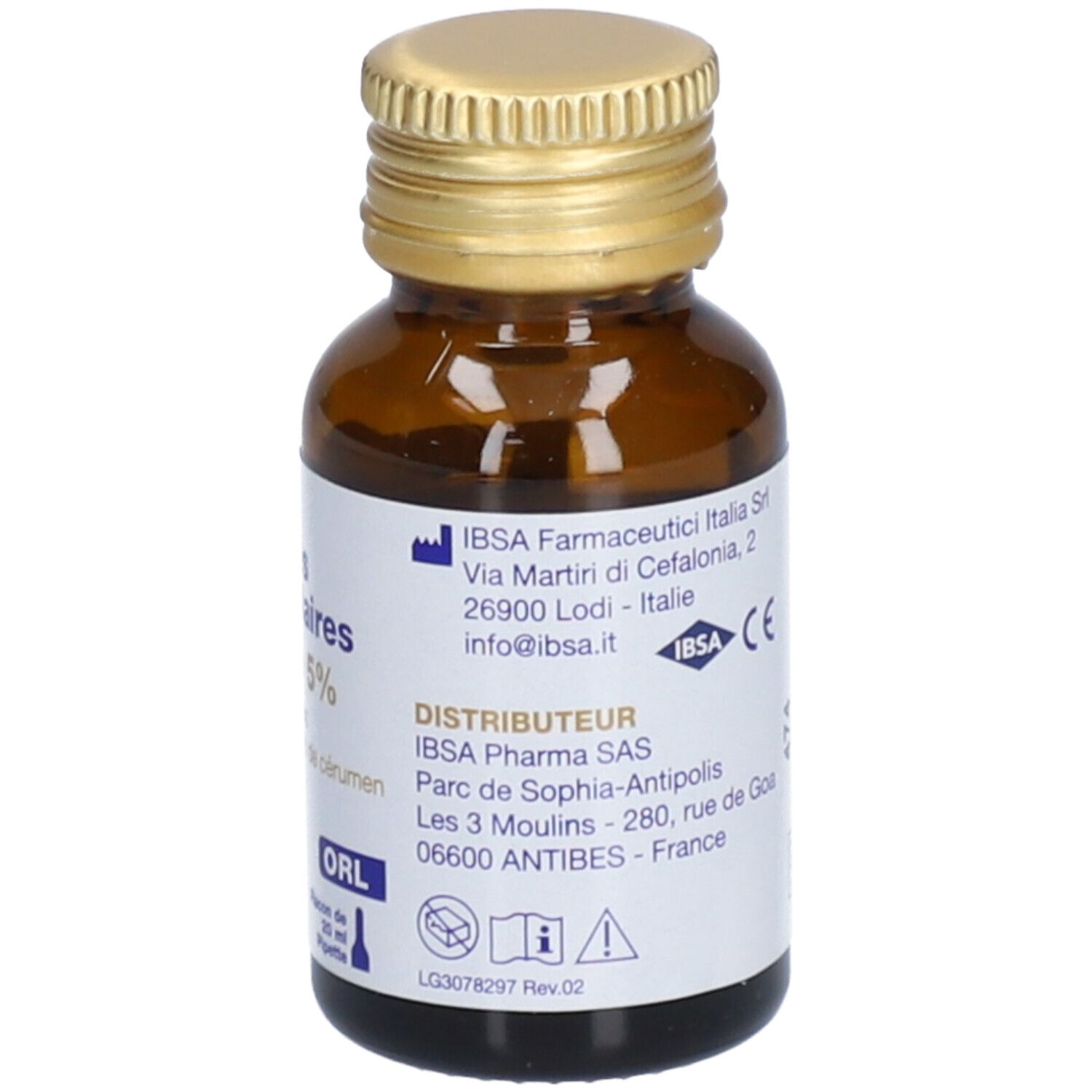 Flacon brun avec bouchon doré. Étiquette arrière: IBISA Pharma SAS, distributeur, marquage CE.