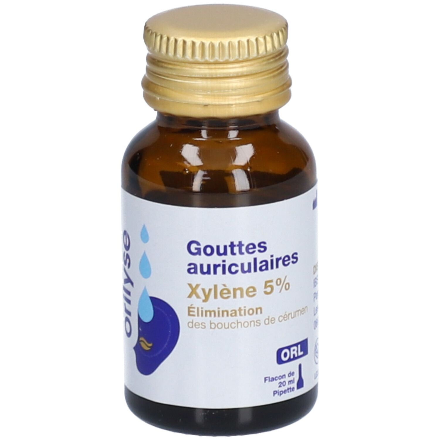 Flacon brun avec bouchon doré. Étiquette: orilyse, Gouttes auriculaires Xylène 5%. Élimination bouchons de cérumen.