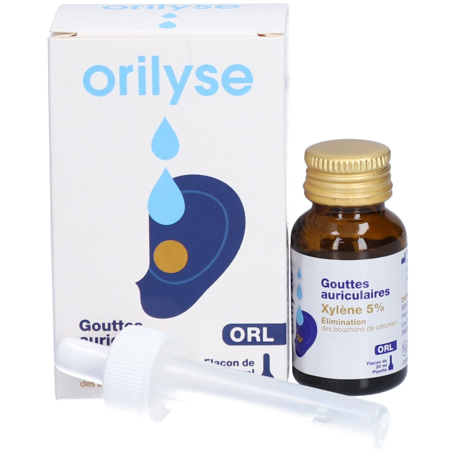 Emballage et flacon avec pipette. Emballage: blanc, symbole oreille bleu, texte: orilyse, Gouttes auriculaires.