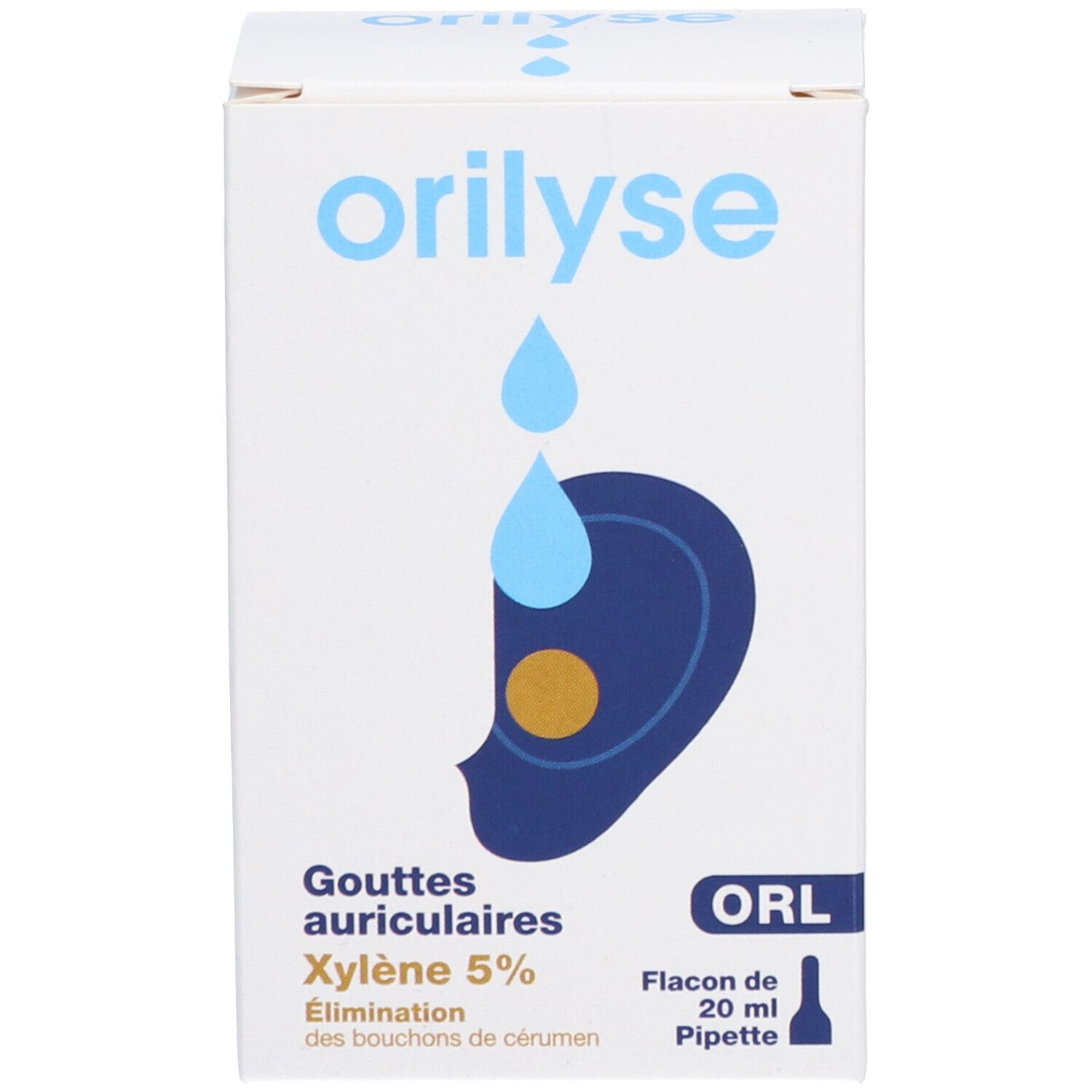 Emballage blanc. Symbole oreille bleu. Texte: orilyse, Gouttes auriculaires Xylène 5%. Flacon 20 ml Pipette.