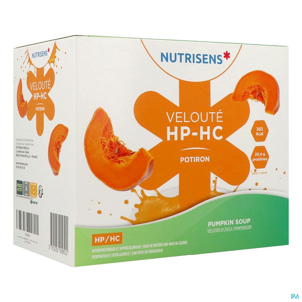 Boîte Nutrisens Velouté HP HC, Potiron. Logo, nom du produit, illustrations de citrouille, informations nutritionnelles et texte.