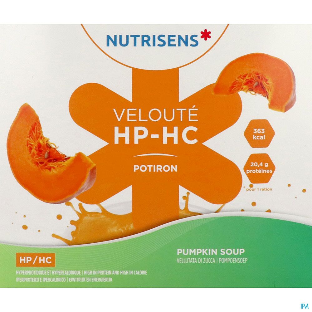 Gros plan sur l'emballage du produit. Nutrisens Velouté HP HC, Potiron. Logo, nom du produit, illustrations de citrouille et informations nutritionnelles.