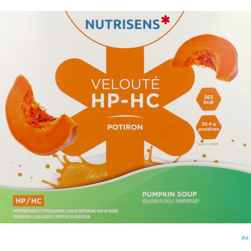 Vue détaillée de l'emballage du produit. Nutrisens Velouté HP HC, Potiron. Logo, nom du produit, illustrations de citrouille et informations nutritionnelles.
