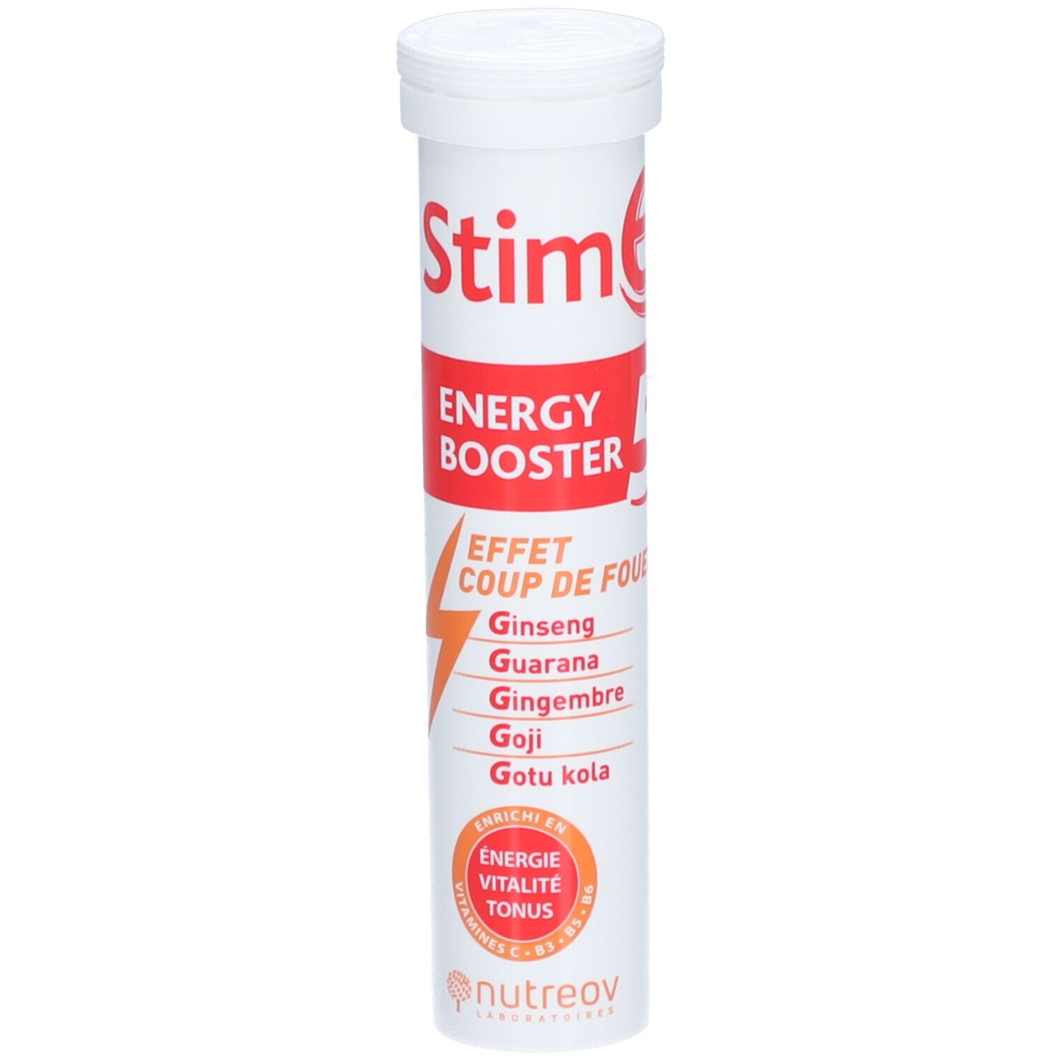 Tube blanc avec étiquette rouge. Inscription Stim E Energy Booster. Ingrédients et logo Nutreov. Bouchon blanc.