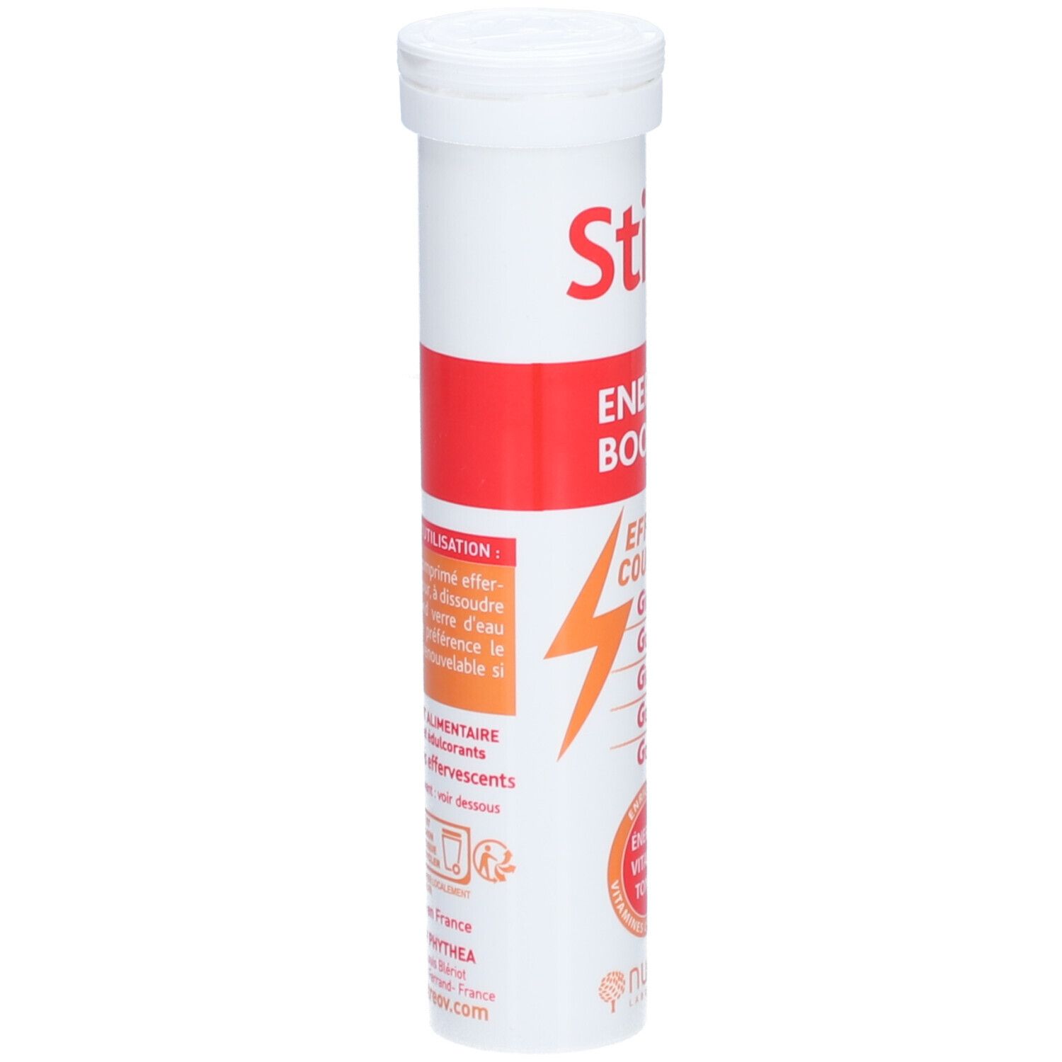 Tube blanc avec étiquette rouge. Inscription Stim E Energy Booster. Ingrédients et logo Nutreov. Mode d'emploi.