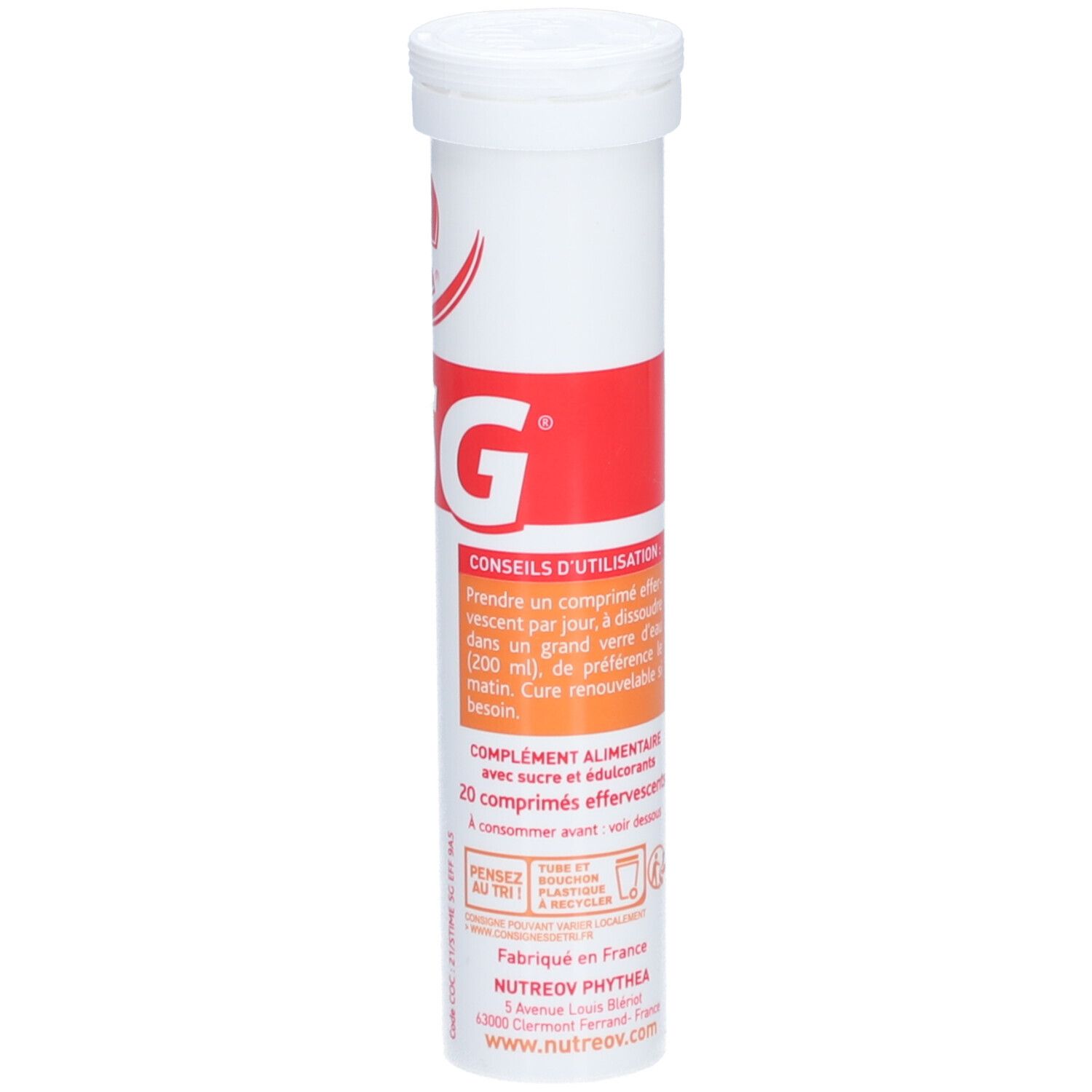 Tube blanc avec étiquette rouge. Inscription G. Mode d'emploi et ingrédients. Logo Nutreov. 20 comprimés effervescents.