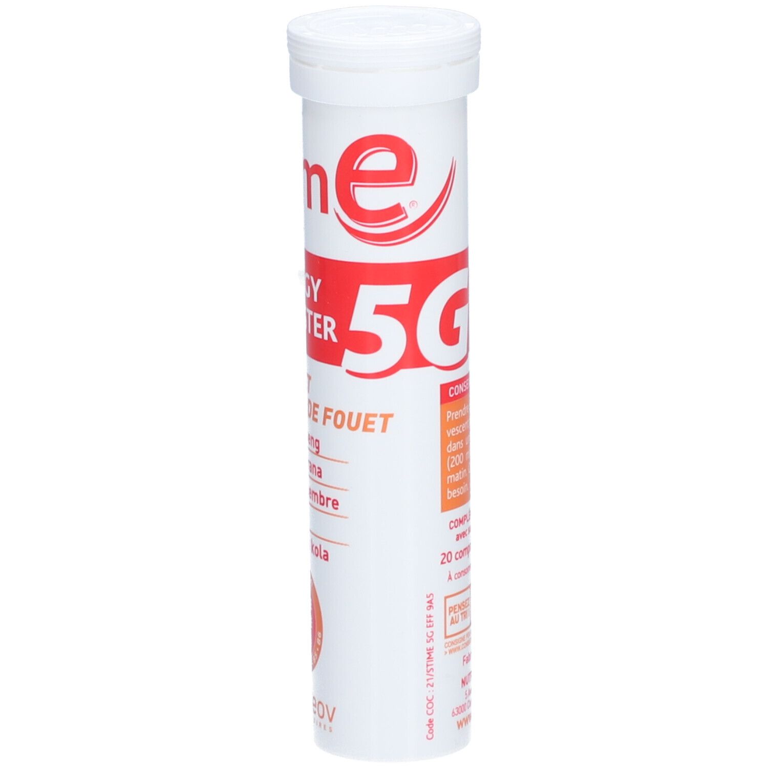 Tube blanc avec étiquette rouge. Inscription Stim E Energy Booster 5G. Ingrédients et logo Nutreov. 20 comprimés effervescents.