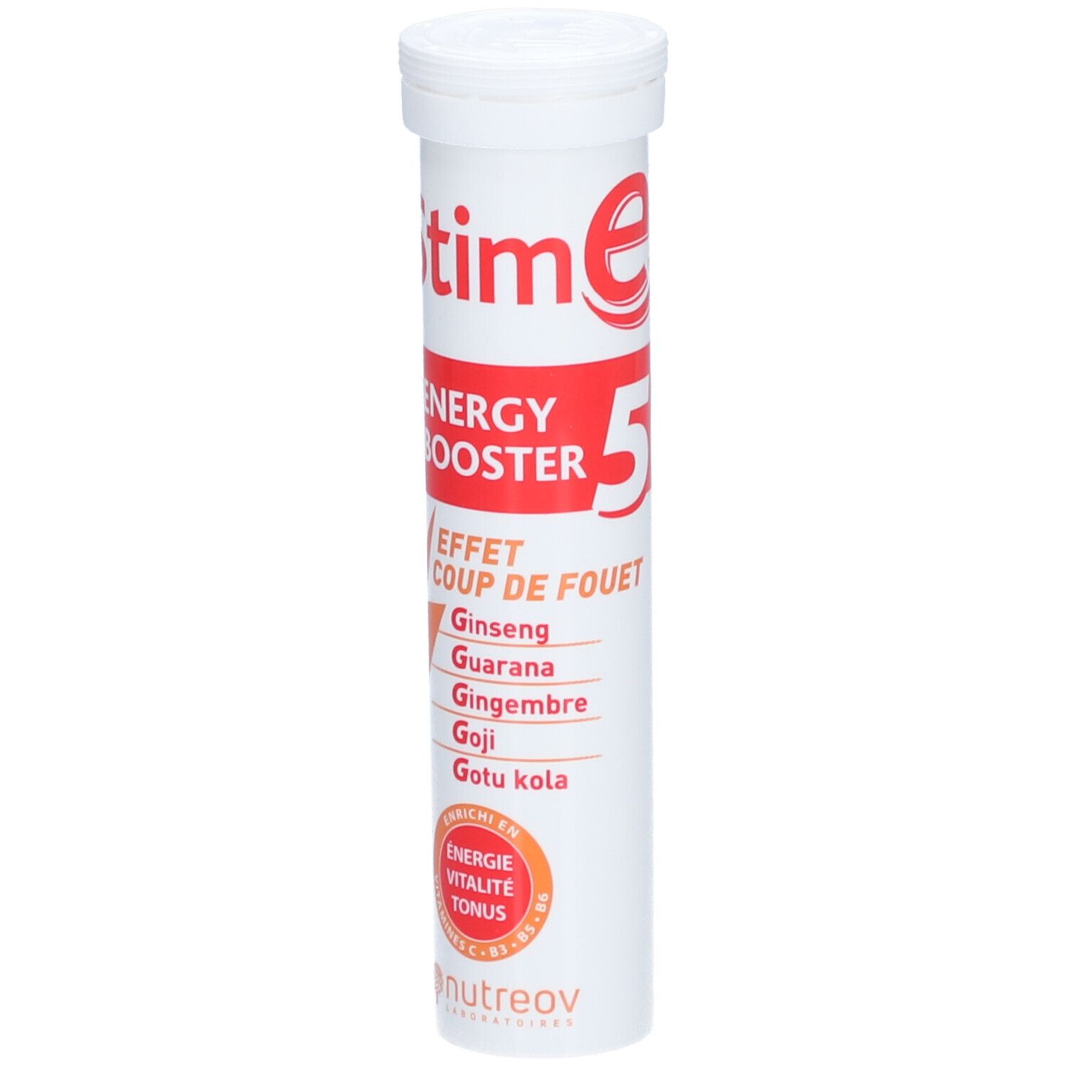 Tube blanc avec étiquette rouge. Inscription Stim E Energy Booster. Ingrédients et logo Nutreov. Comprimés effervescents.