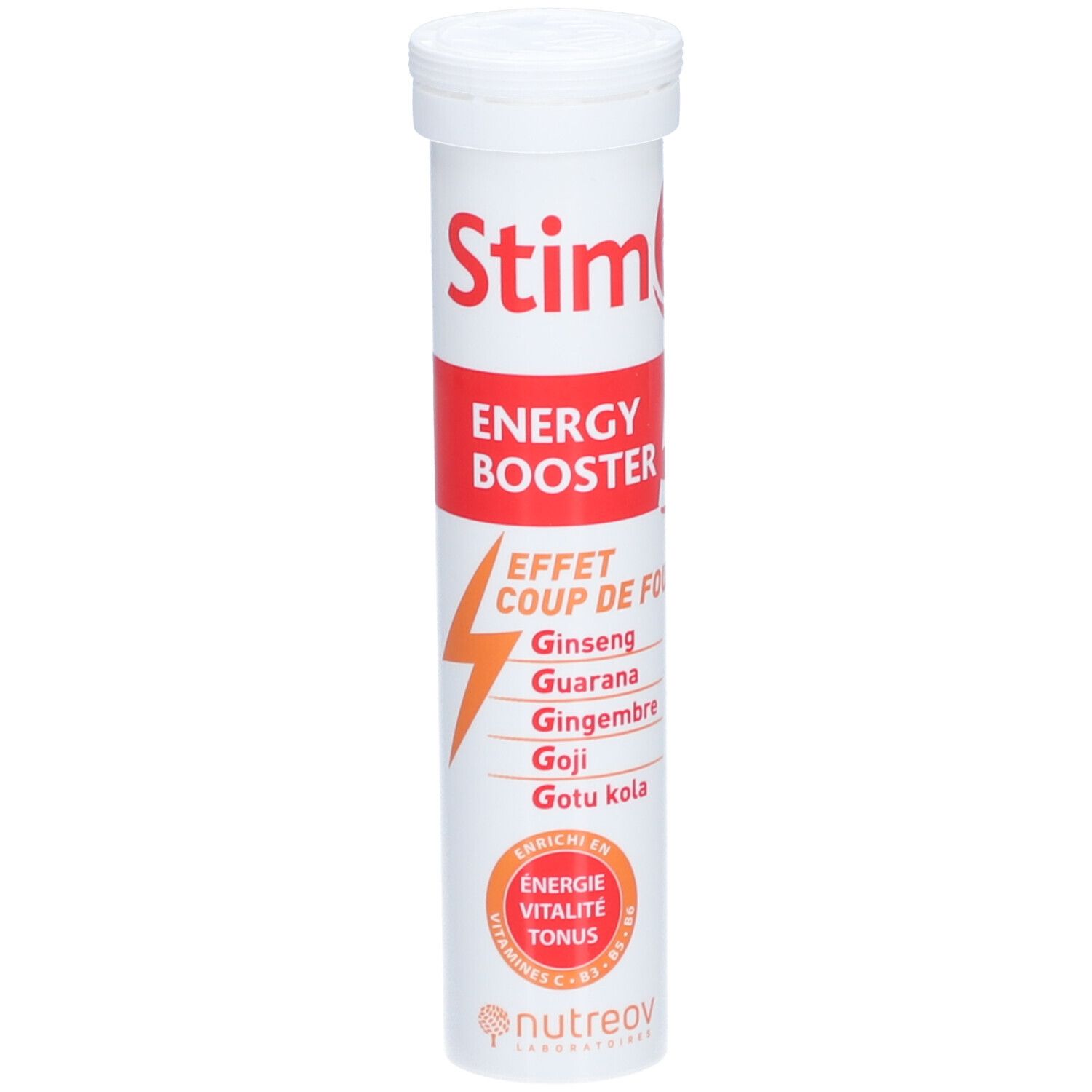 Tube blanc avec étiquette rouge. Inscription Stim E Energy Booster. Ingrédients et logo Nutreov. Comprimés effervescents.