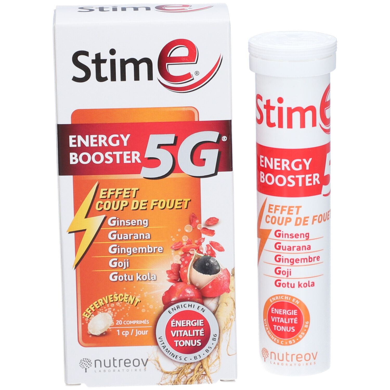 Emballage et tube. Inscription Stim E Energy Booster 5G. Ingrédients et logo Nutreov. 20 comprimés effervescents.