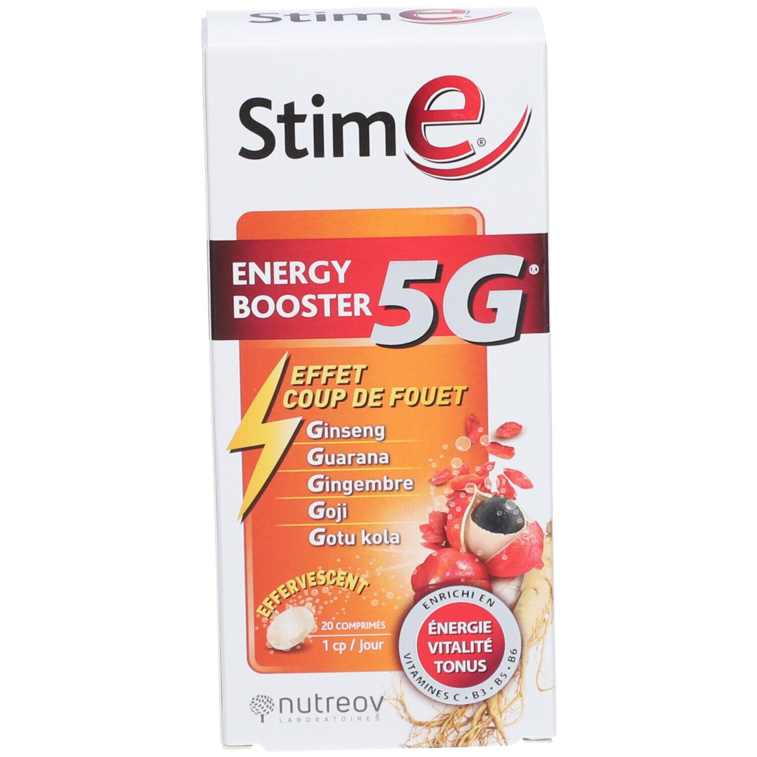 Emballage. Inscription Stim E Energy Booster 5G. Ingrédients et logo Nutreov. 20 comprimés effervescents.
