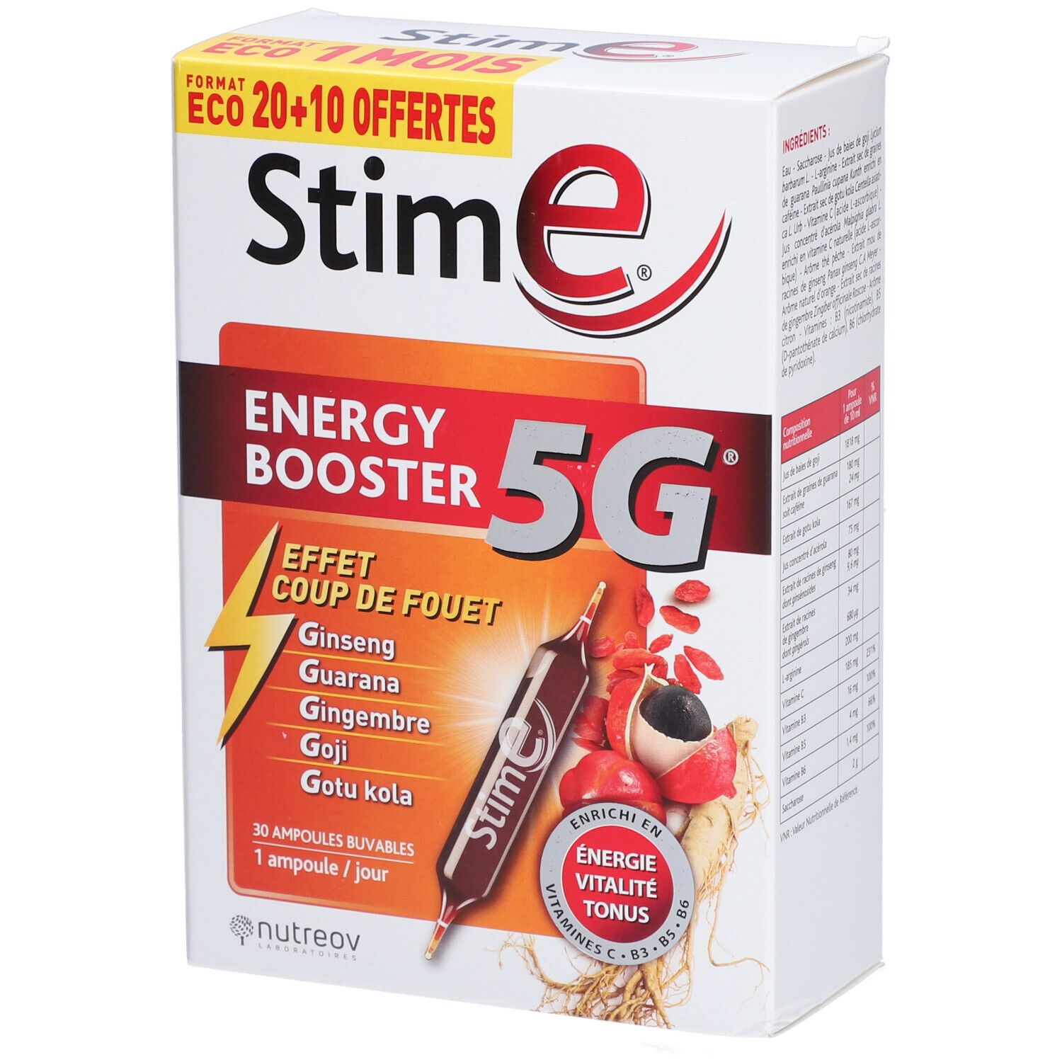 Boîte de Stim E Energy Booster 5G. Contient 30 ampoules buvables. Ingrédients : Ginseng, Guarana, Gingembre, Goji, Gotu Kola.