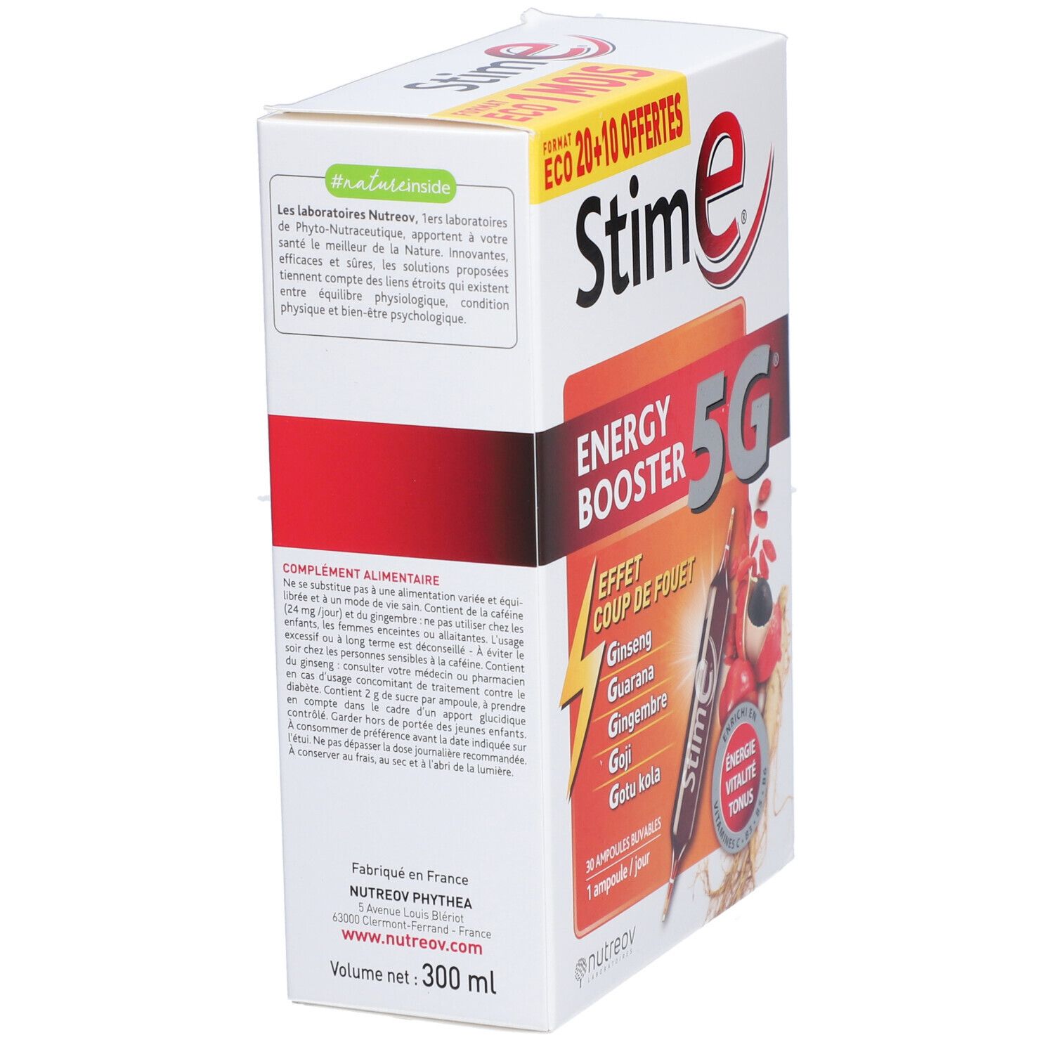 Boîte de Stim E Energy Booster 5G. Informations sur les ingrédients, l'adresse du fabricant et le volume net de 300 ml.