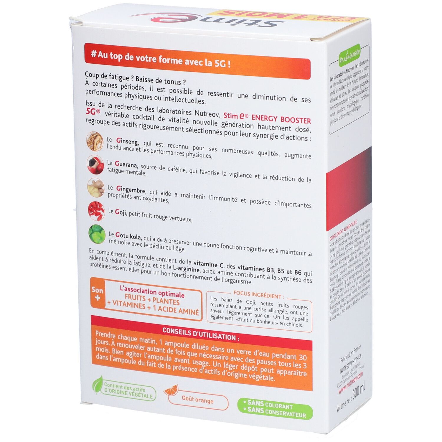 Dos de la boîte Stim E Energy Booster 5G. Contient des informations sur les ingrédients, l'utilisation et les conseils.