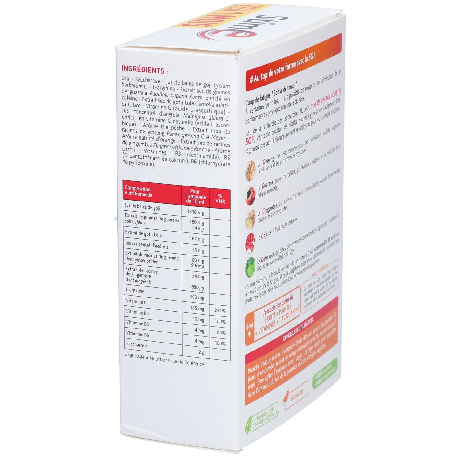 Dos de la boîte Stim E Energy Booster 5G. Contient un tableau nutritionnel et une liste d'ingrédients.