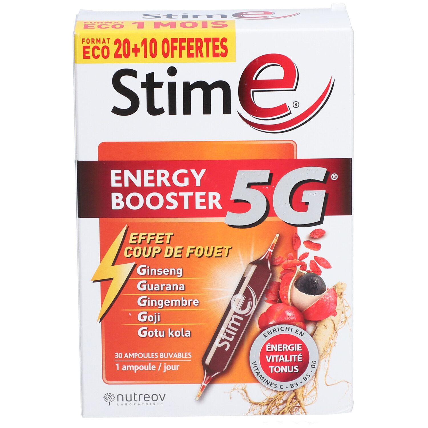 Boîte de Stim E Energy Booster 5G. Contient 30 ampoules buvables. Ingrédients : Ginseng, Guarana, Gingembre, Goji, Gotu Kola.
