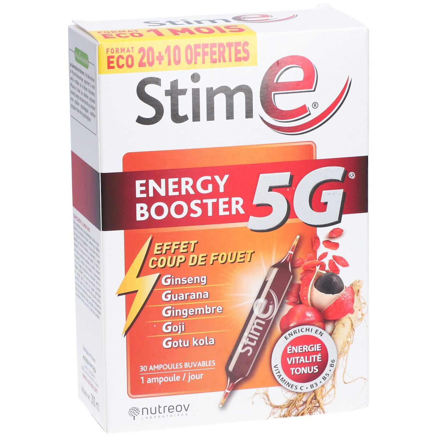 Boîte de Stim E Energy Booster 5G. Contient 30 ampoules buvables. Ingrédients : Ginseng, Guarana, Gingembre, Goji, Gotu Kola.